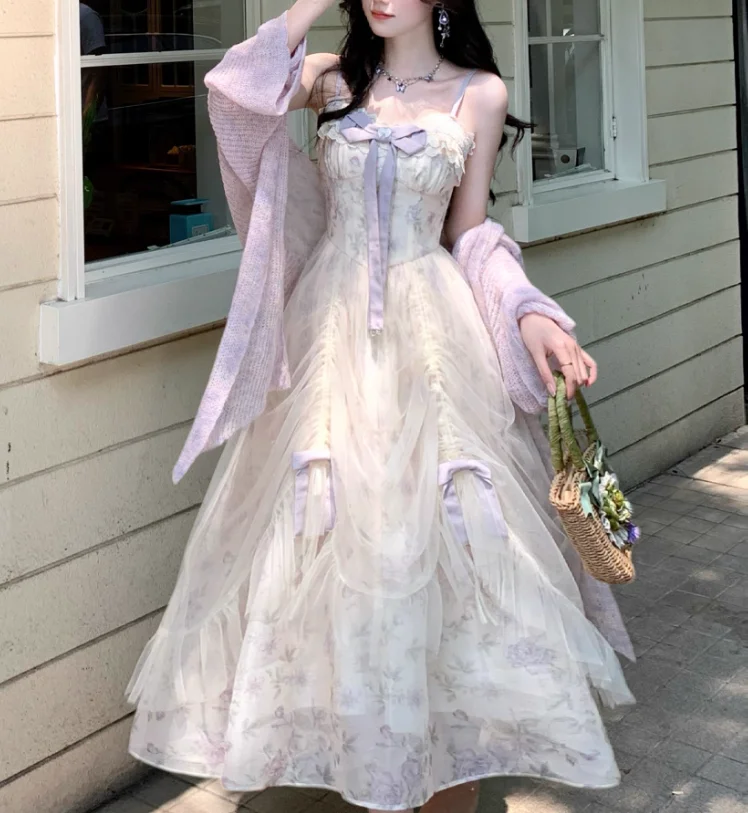 ربيع الخريف حجم كبير المرأة الفرنسية الرجعية الأميرة الحمالة فستان ساحة الرقبة الصناعة الثقيلة الحلو القوس الأزهار لوليتا فساتين #4