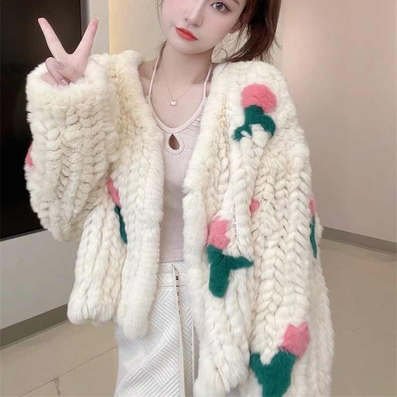 Mulheres 3D Flores Crocheted Faux Rex Coelho Fur Bomber Jacket Dupla face Tecido Mink Fur Coat Cardigan Manga Longa Parka Tops