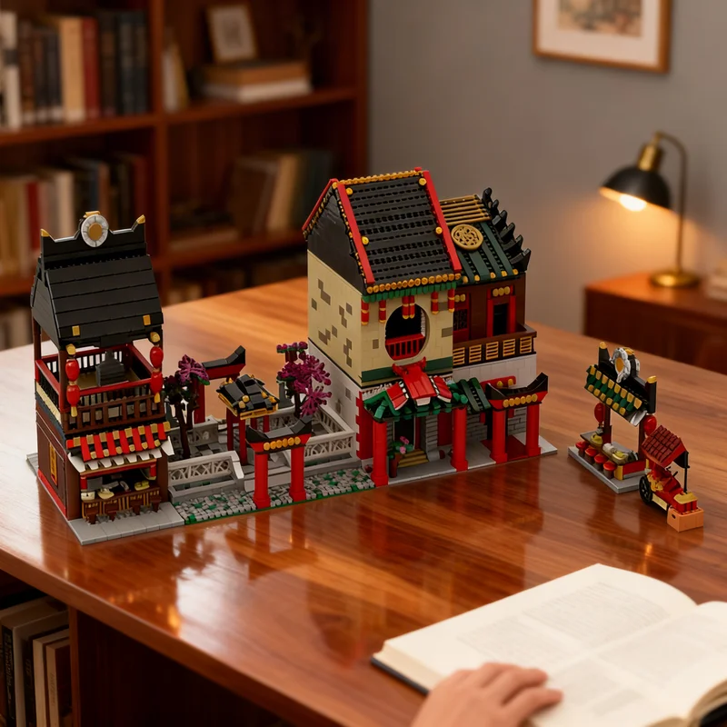 

6493 детали MOC: Модульная улица китайского городка, строительные блоки для сборки, модель городского пейзажа, подарок своими руками, креативный коллекционный декор для демонстрации