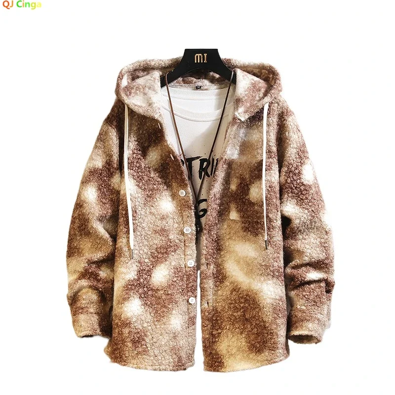 

Winter Mens Brushed Long-sleeved Hooded Shirts, Single-breasted Warm Thick Shirt, Gray Camel Black Can Choose, Asian Size M-5XL