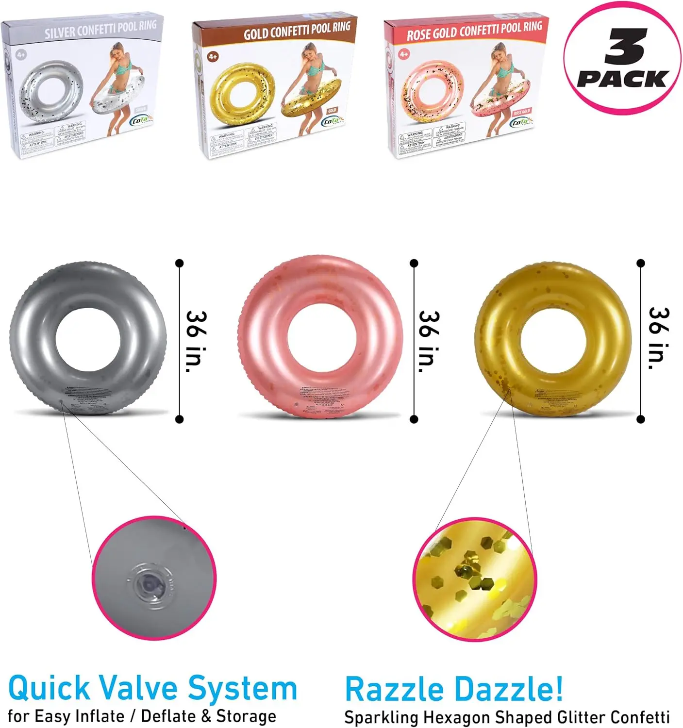 Flotteurs de piscine gonflables en or argenté et or Rose, ensemble de 3 anneaux de bain confettis amusants de qualité supérieure, jouets pour adultes et enfants, flotteur de piscine Wa