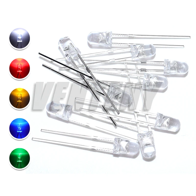 3MM 100pcs LED Diode Ultra Bright Warm White Red Green Blue Purple Yellow Orange Pink 2V 3V Multicolor Emitting Assortment