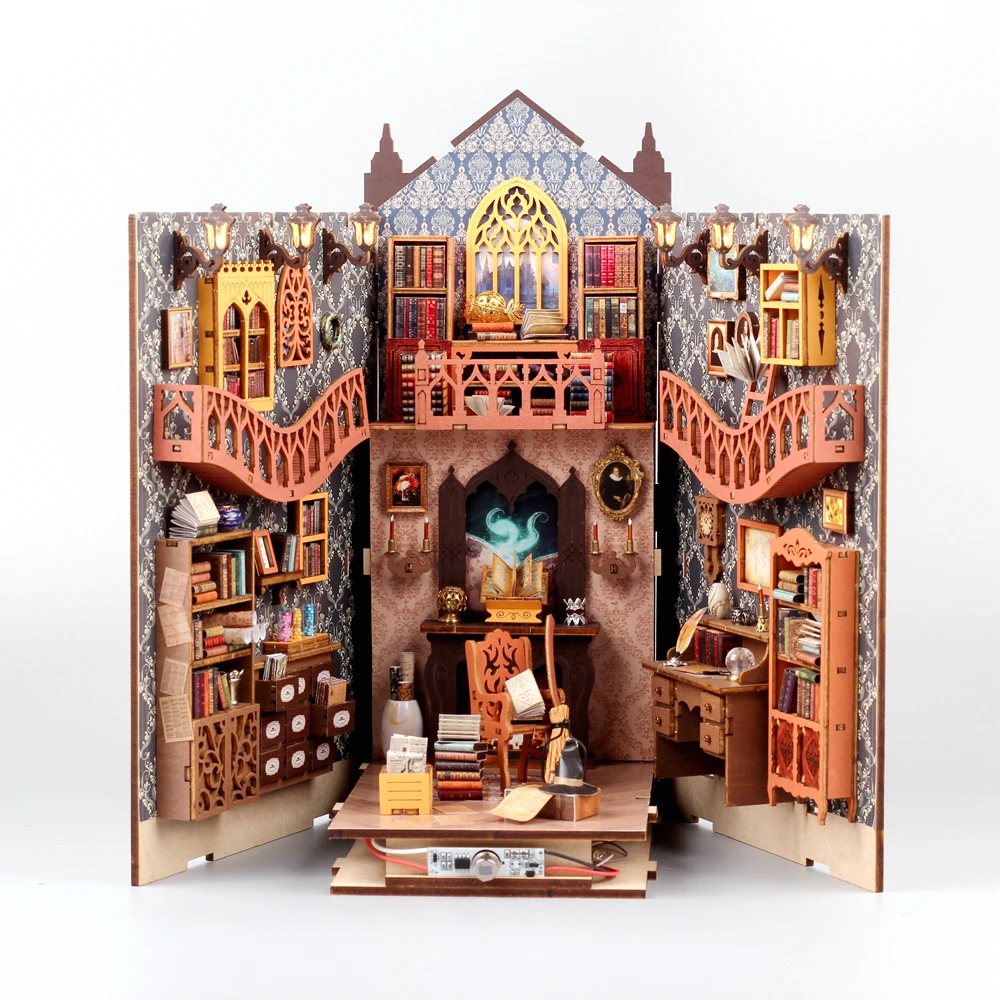 New Diy Wooden Magic Library Book Nook Shelf Insert Kits Miniature Building Kit Bookshelf Assembled Bookends Friends Gifts