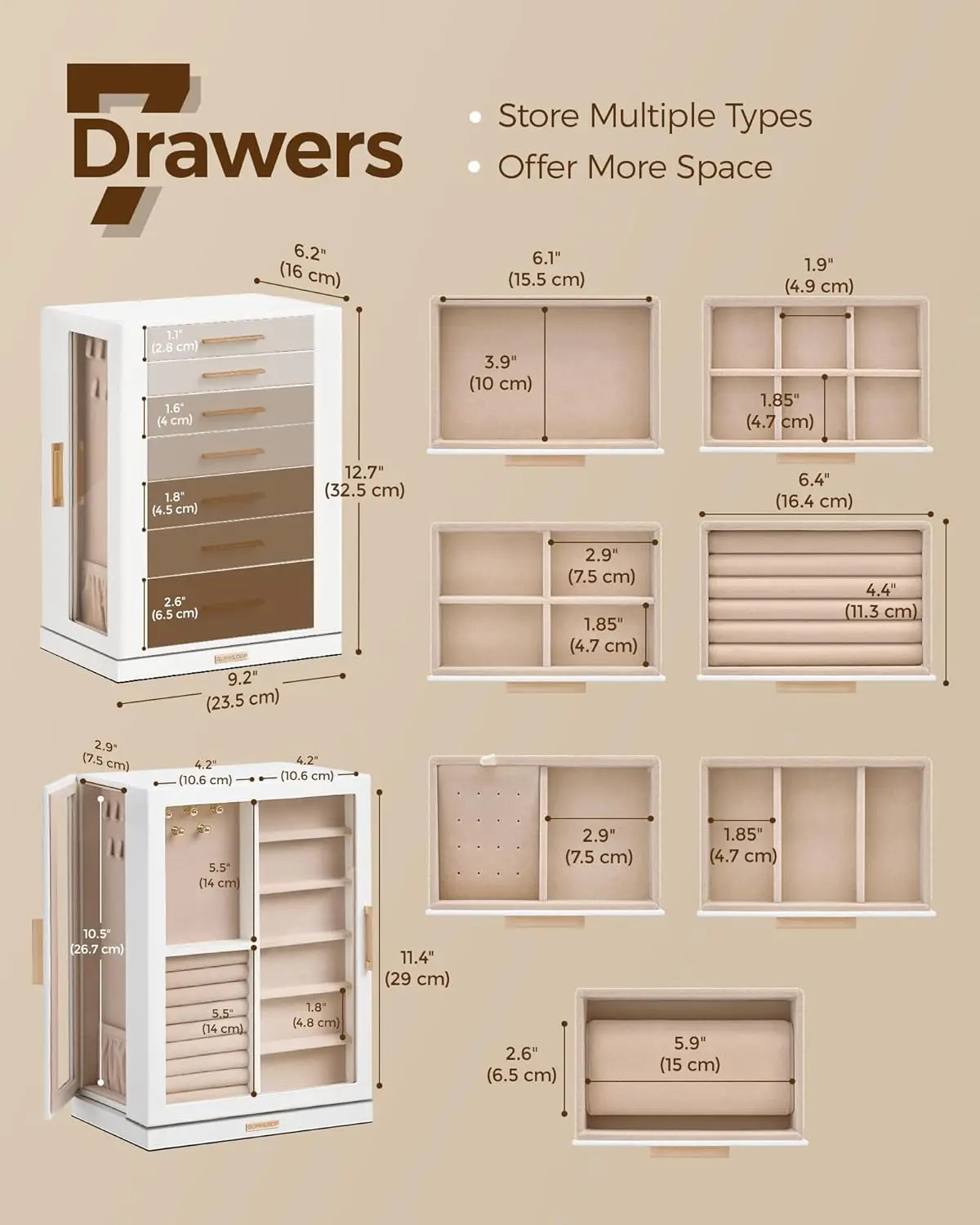 360 °   Roterende sieradenorganizer met 7 lades, glazen venster, stofdicht ontwerp in wit