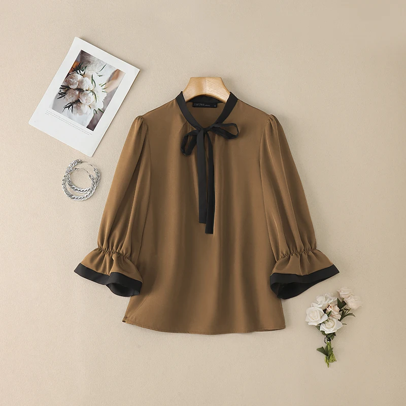 ZANZEA بلوزة نسائية أنيقة للعمل OL قميص مكتب صيفي سترة أنيقة 3/4 كم مكشكش بلوزات مرقعة ملابس علوية غير رسمية برباط #4