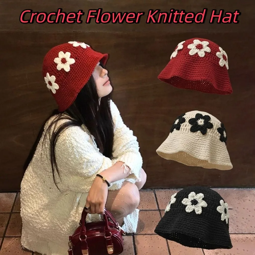 Retro Handmade Crochet Flower Knitted Hat Sweet Cute Bucket Hat Korean Style Beanies Hat Apparel Accessories