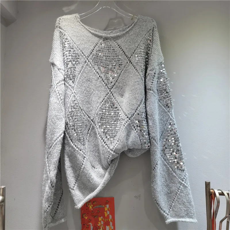 

Gray Diamond Sequin Knitted Sweater, 2025 Autumn Winter New French Style Elegant Socialite High-end Soft Lazy Pull Top for Women