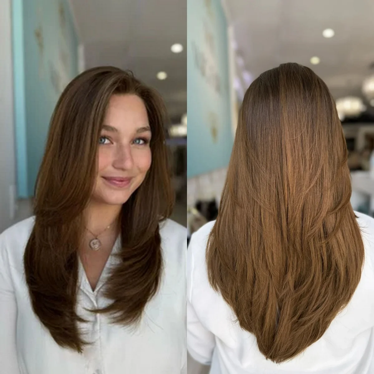 

Chocolate Brown Layer Natural Straight Synthetic Lace Top Wigs Beginner Friendly Easy To Wear Glueless Wigs On Clearance Sale