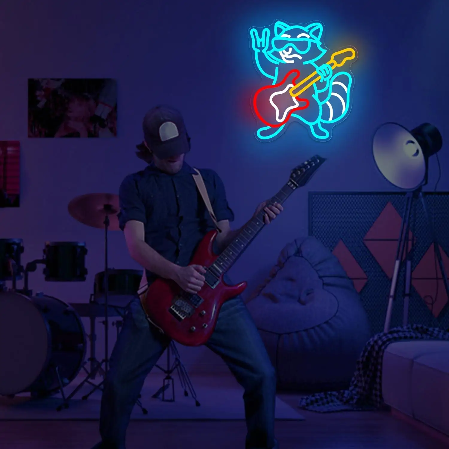Rock Raccoon Playing Guitar Neon Sign LED Light Up Sign for Bedroom Bar Music Studio Game Room Wall Decor Birthday Party Gifts