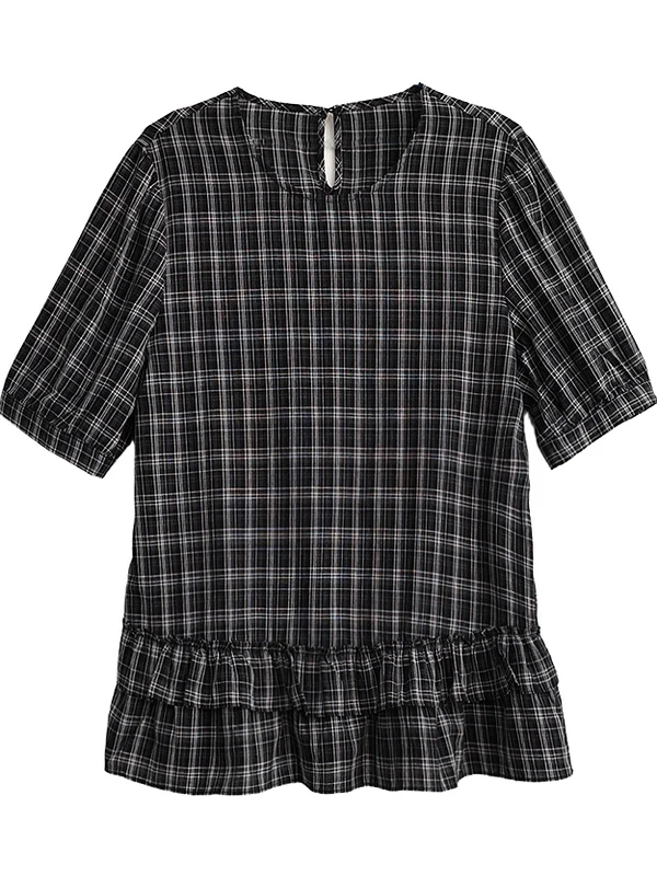 2023 sommer Neue Plaid ort Sve runde Ne Casual Dünne frauen irt Koreanische Sle Lose Fit Regelmäßige Länge Pendeln Sle