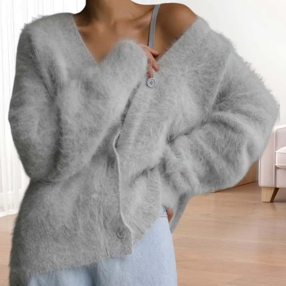 Sweater Coat Women Coat Brushed Surface Sweater Coat Elegant V-neck Women's Sweater with Long Sleeves Solid Color Single