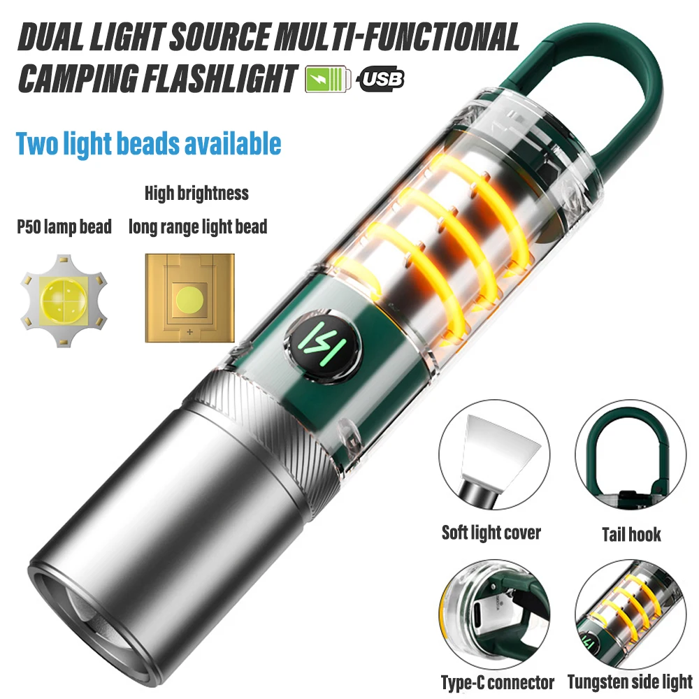 Super Bright LED Flashlight Rechargeable Torch Portable Work Light Outdoor Camping Light with Warm Side Lights and Portable Hook