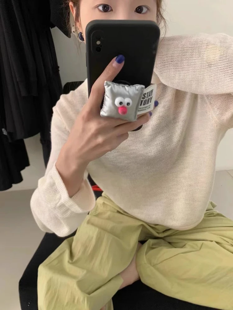

Summer 2025 Women's Ice Silk Knitted Long Sleeve Top Thin Sun Protection Shoulder round Neck T-Shirt Cover up Outerwear