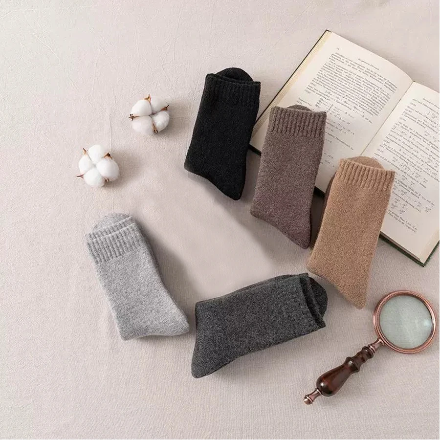5 pares de calcetines de lana gruesos de otoño e invierno, calcetines casuales de tela de rizo de Color sólido para hombre, calcetines de lana cálidos para mujer