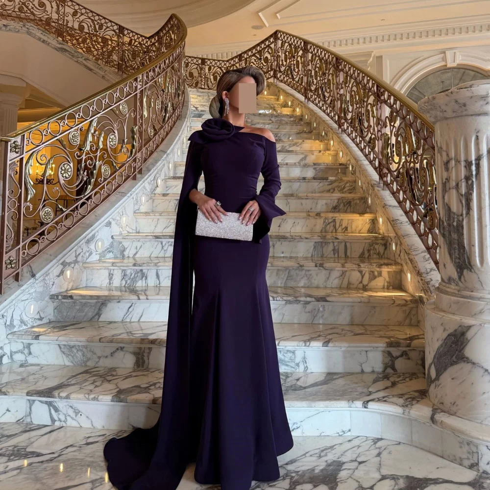 

Customized Crepe Purple Evening Dresses Party Gown Formal Long Shawl Mermaid Off Shoulder Cocktail Prom Gowns فساتين سهرة