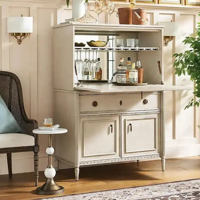 French antique white solid wood reversible door bar cabinet