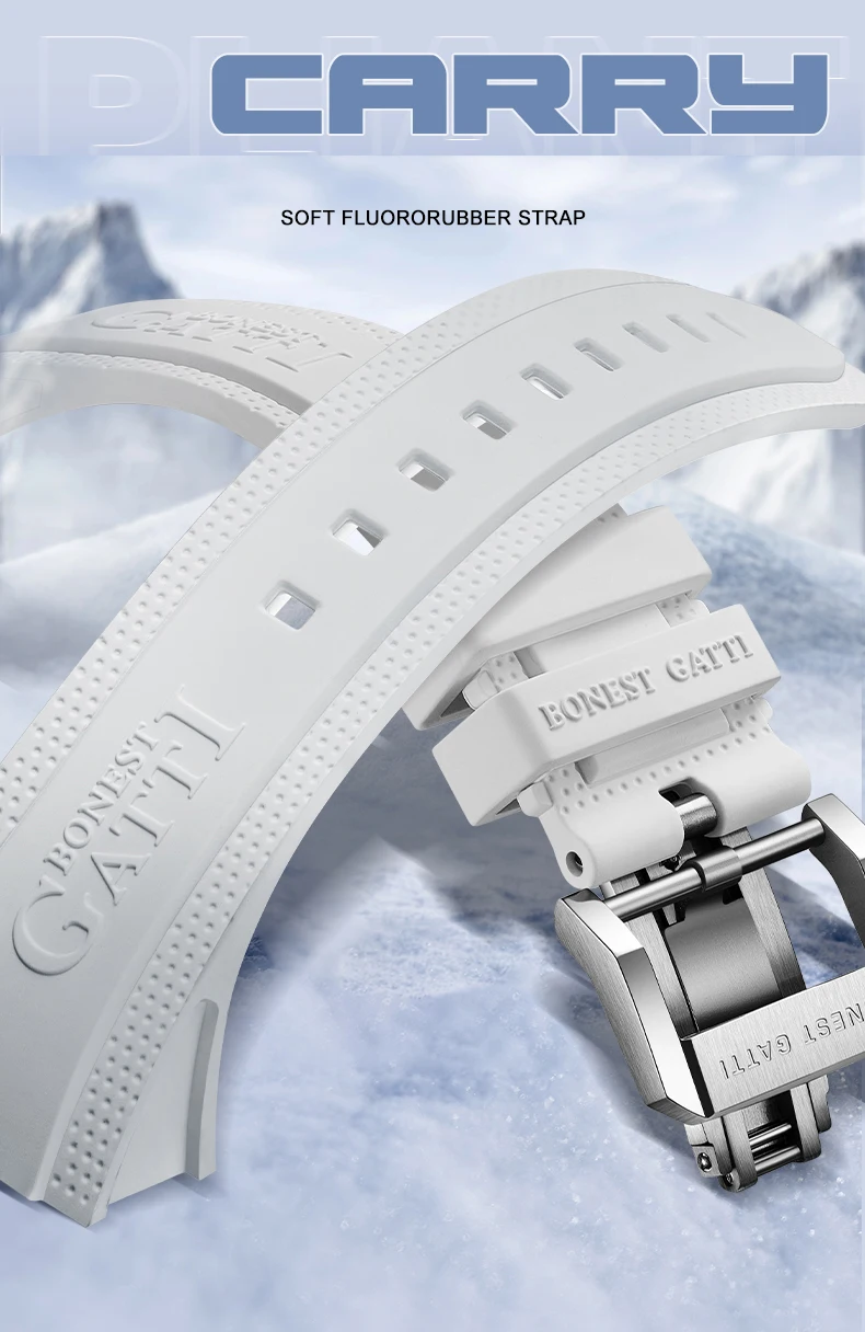BONEST GATTI Men Automatic Watch 45mm Tonneau Crystal Case Mechanical 3D Mount Everest Luminous Dial Fluororubber Strap