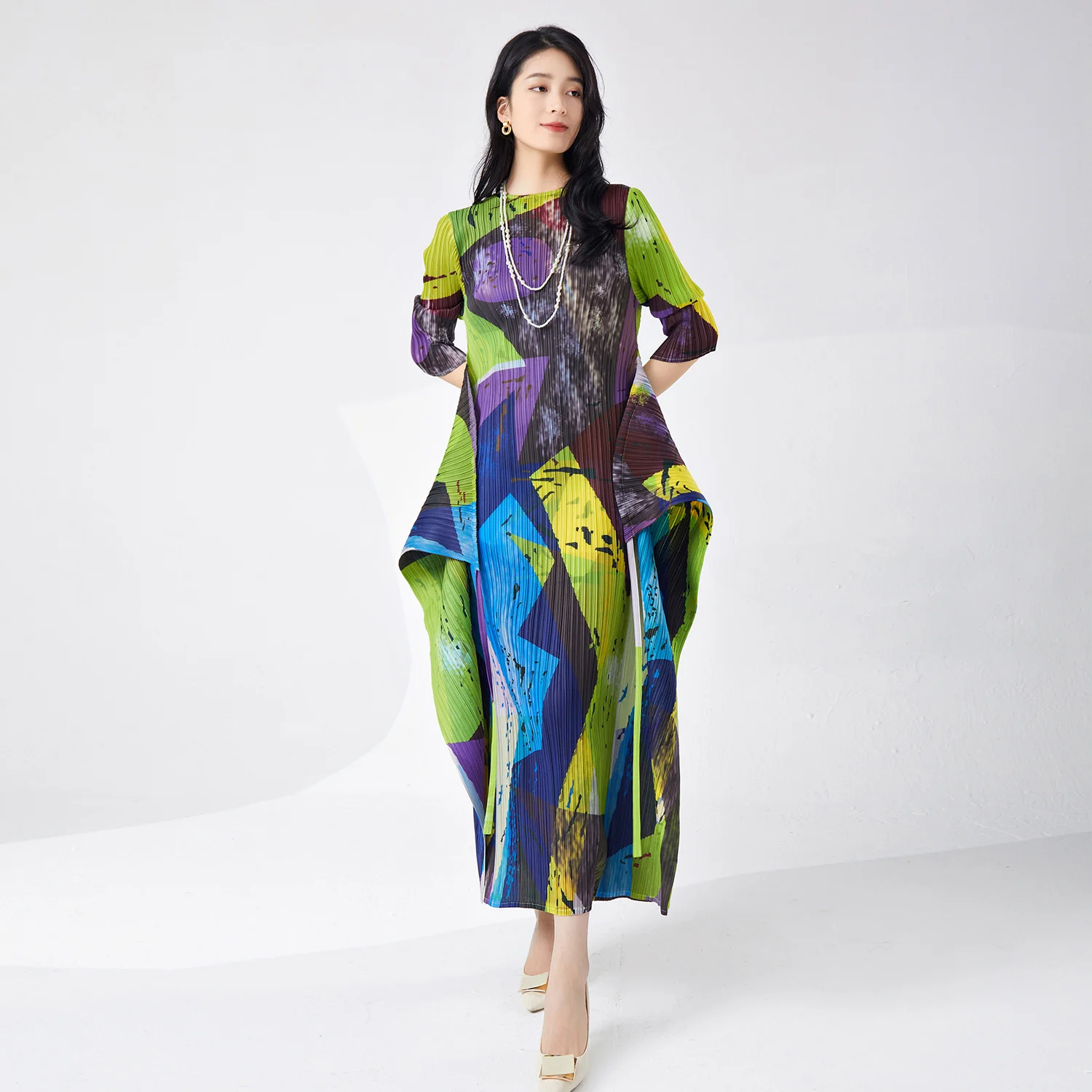 

Miyake Women's Beach Resort Style Dress Bohemian Ruffled Loose Slim Large Printed New Casual Plus Size for Summer