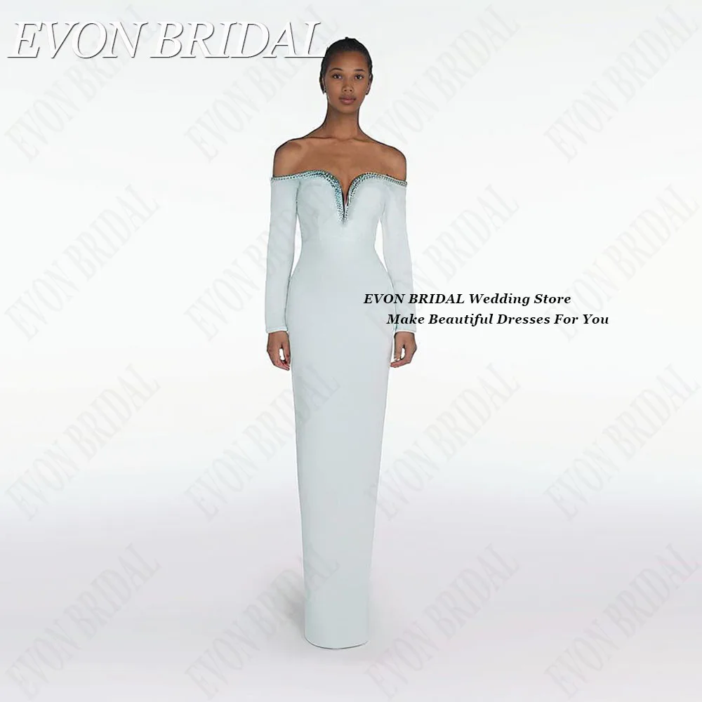 EVON BRIDAL V-Neck Satin Celebrity Red Carpet Dresses Mermaid Off Shoulder Vestidos De Ocasião Long Sleeves Formal Evening Gowns