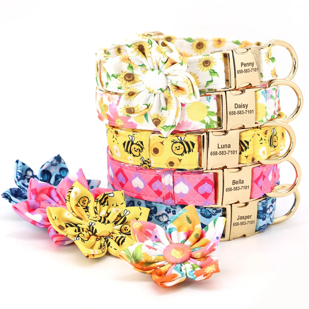 Custom Dog Collar Printed Nylon Dog Collars With Flower Accessories Personalized Pet ID Necklace Anti-lost For Small Large Dogs