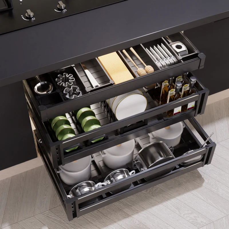 

Kitchen hanging basket cabinet, double drawer hanging basket shelf space, aluminum drawers, aluminum alloy cabinet