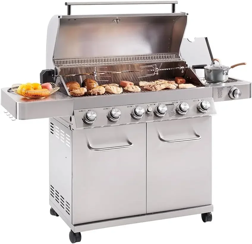 6-Burner Stainless Steel Cabinet Style Propane Gas Grill with Knob Controls, Side Burner, Built-In Thermometer