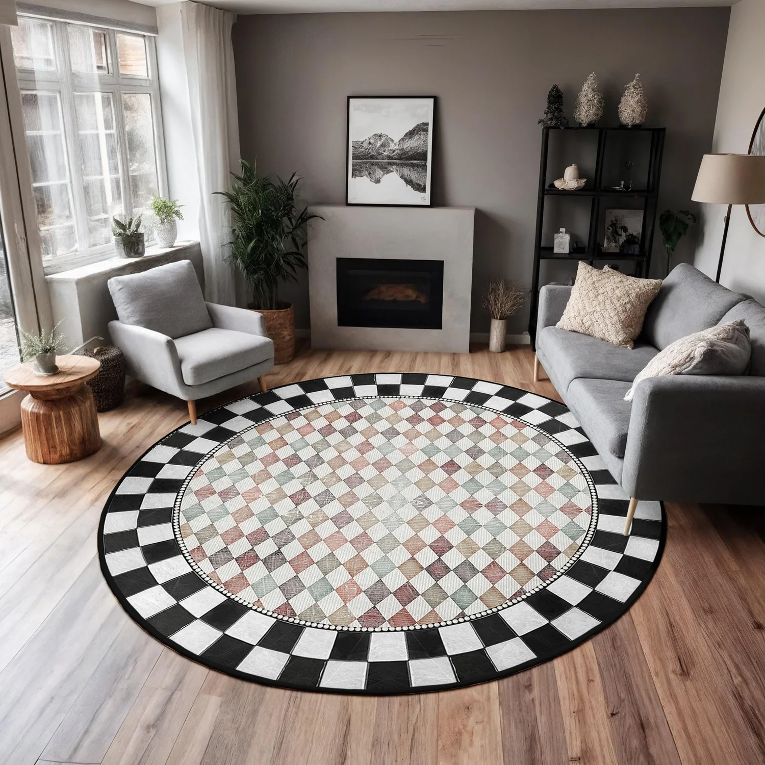 Diamond-Shaped Checkered Neutral Color Round Carpet-Harley Quinn Pattern Round Carpet-Checkered Border Round Mat-Modern Living Room Carpet-Trendy Carpet