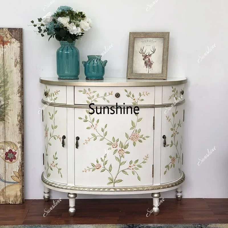 

Furniture Foyer Entrance Cabinet Living Room Vintage Painted Light Luxury Semicircle Storage Cabinet Sideboard Cabinet