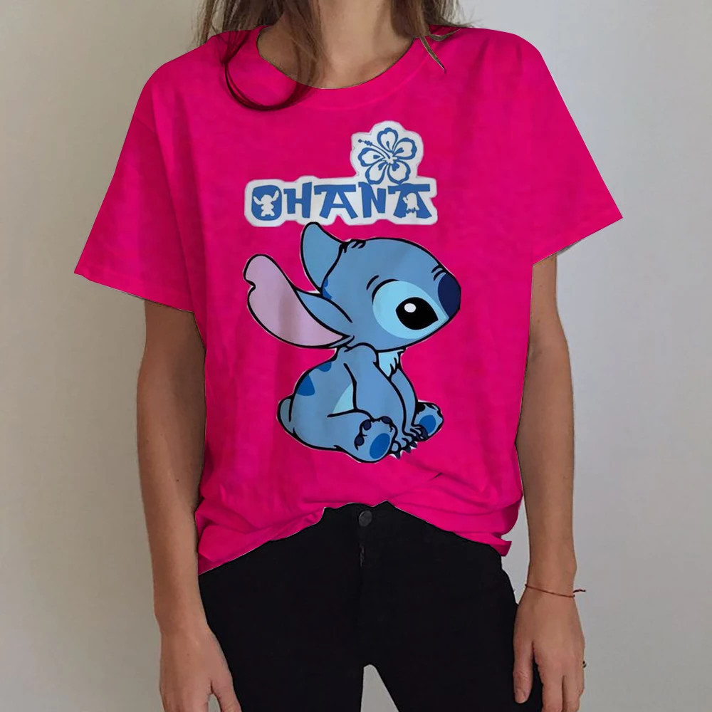 Kawaii Lilo Stitch Print T-shirts Tops for Women Lady Autumn Children T-shirts Casual O-neck Ohana Stitch Disney T-shirts