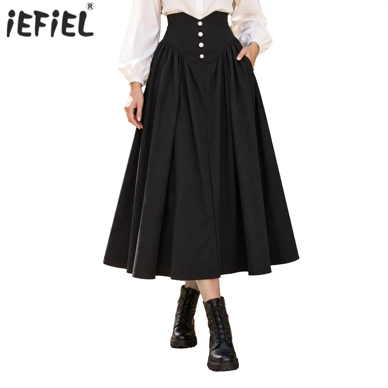 Womens Ladies Renaissance Ren Faire Maxi Skirt High Waist Gathered A Line Ruffled Long Skirt Medieval Victorian Halloween Outfit