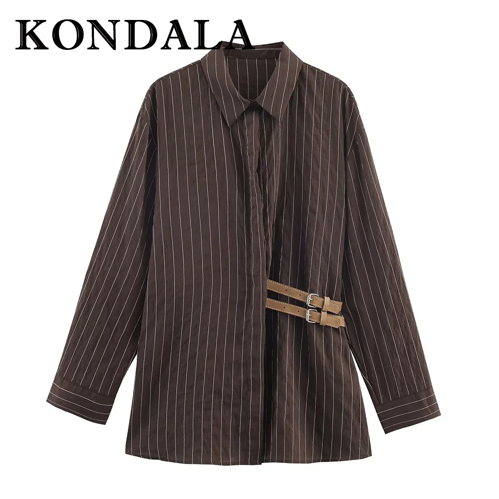 KONDALA Vintage Brązowy Pasek w Paski Damska Koszula Casual Asymetryczna Moda Jesień 2025 Koszula dla Nauczycielki Streetwear Elegancka Koszula Damska