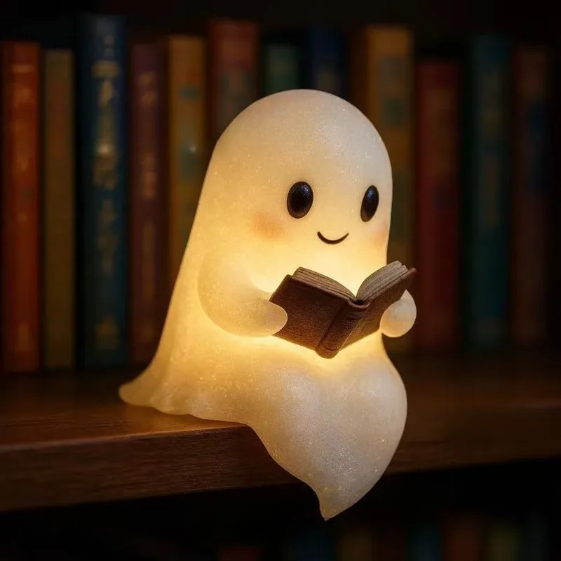 Cute Ghost Reading Book Lamp, Halloween Themed Night Light, Adorable Resin Statue Decor for Bedroom and Study Desk