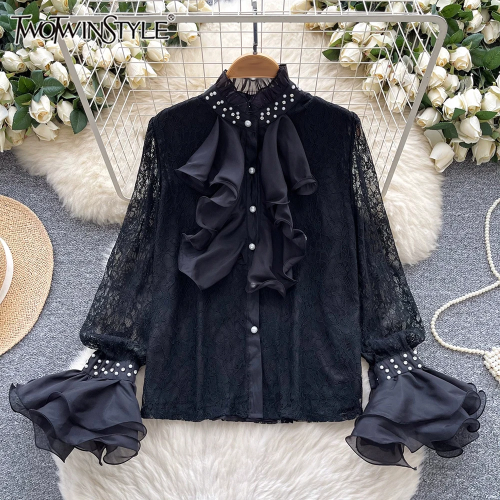 

TWOTWINSTYLE Vintage Solid Slimming Lace Blouses For Women Stand Collar Long Sleeve Spliced Button Chic Shirts Female KBL541751
