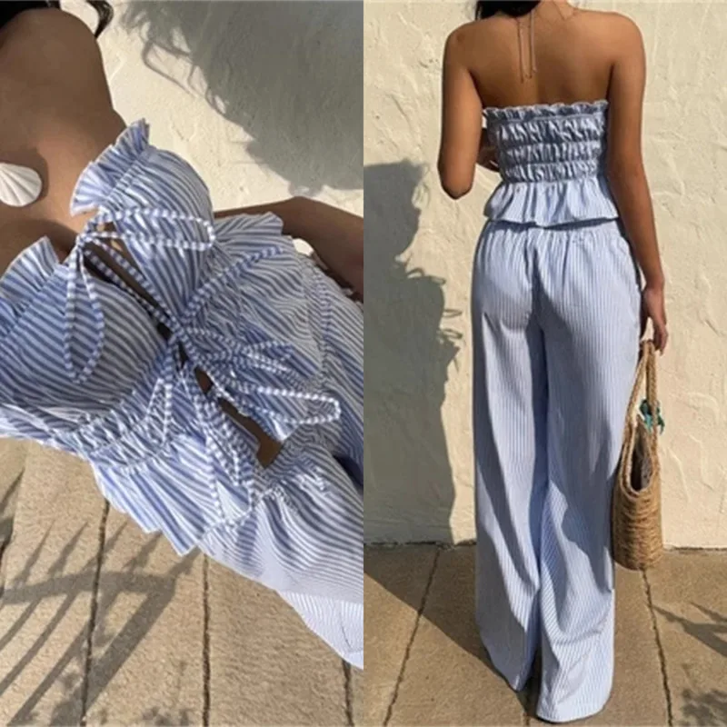 

Fashion Ruffle Straight Holiday Outfit Casual Sleeveless Lace Up Vacation 2Piece Summer Street Striped Printed Outfits Strapless