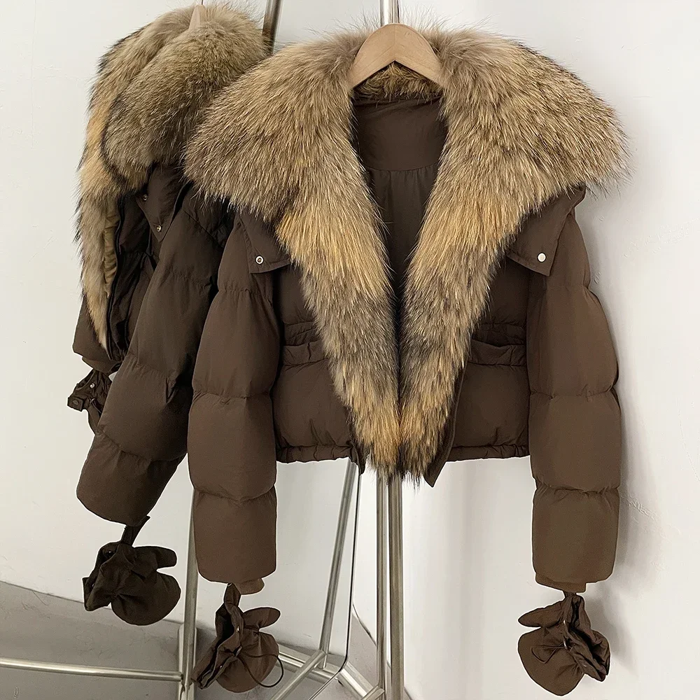 OFTBUY Damen-Daunenjacke mit Kapuze, kurze Oberbekleidung mit abnehmbaren Handschuhen, Reißverschluss, echtes Fell, Daunenjacke mit echtem Fuchsfell – Detail 22