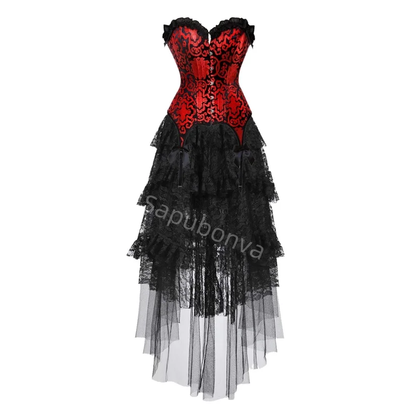 

Corset Dress Costume long Skrits Set With Lace Bustier Costume Party Sexy Burlesque Ladies Outfit Plus Size Gothic Halloween red