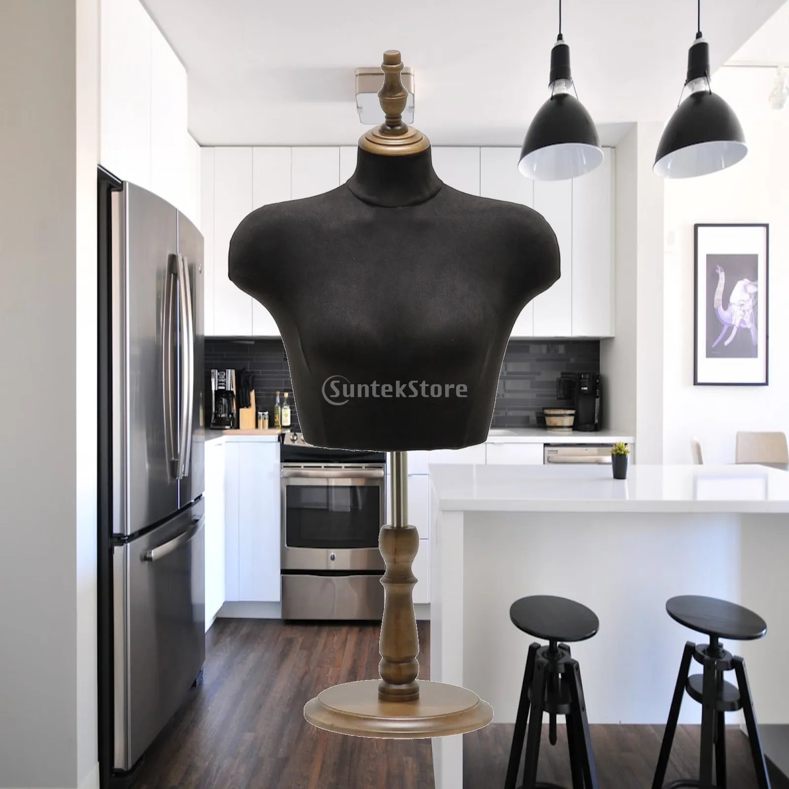 Half Body Woman Mannequin Torso with Suede Cover and Wood Base for Sewing Dressmaking Shop Window Display