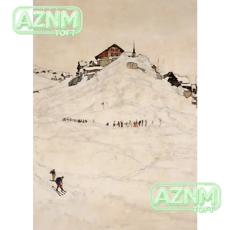 Vintage Winter Ski Resort Slopes Sports Snow Muontain Village Travel Scenery Poster Canvas Painting Wall Art Pictures Home De
