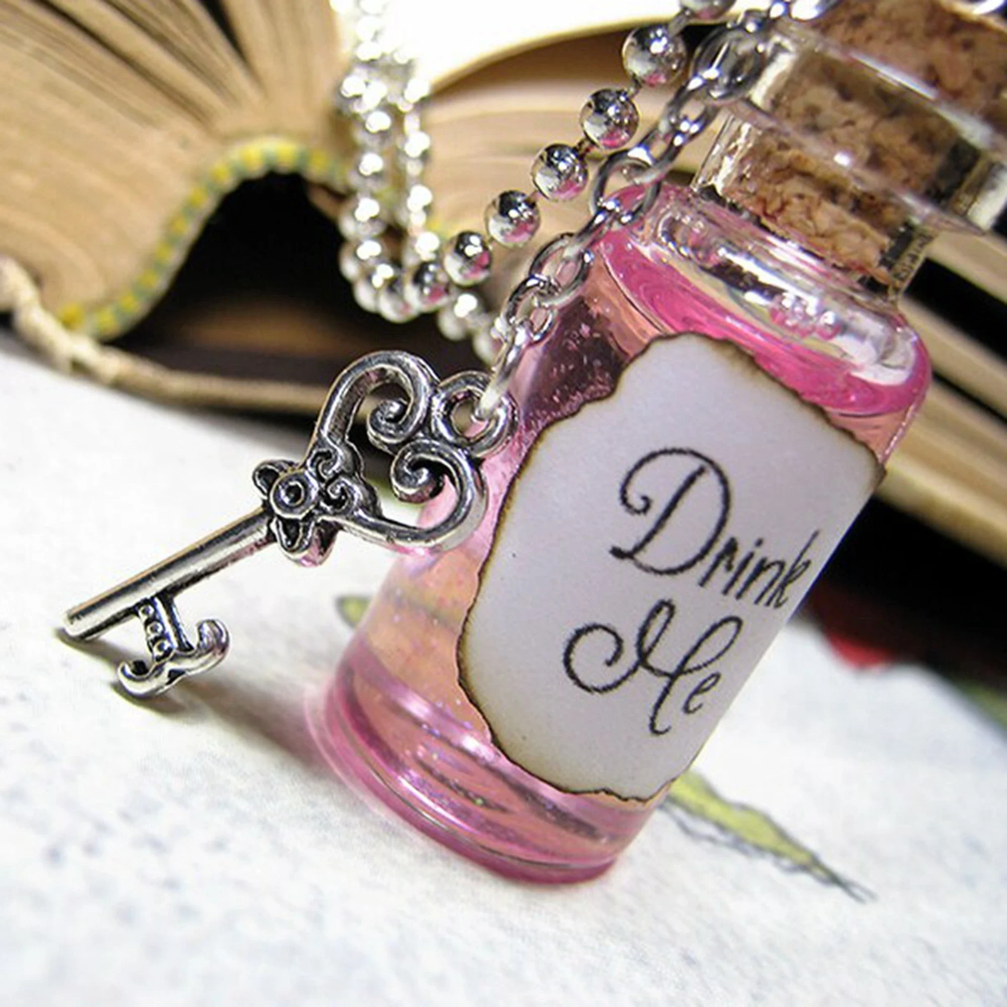 Drink Me 2ml Glass Bottle Necklace Alice Vial Pendant Glitter Sparkle Fantasy Cosplay Potion Charm