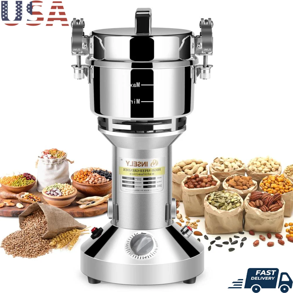 300g Electric Stainless Steel Grain Mill Grinder 1200w High Speed Seeds Flour Nut Pill Multipurpose Mill Set with Blade Brush