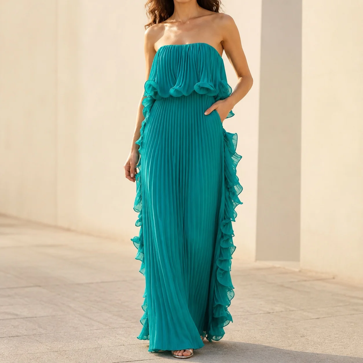 Women's Pleated Summer Wedding Guest Dress with Ruffle Neck Sleeveless Chiffon Long Loose Fit Elegant Party for Wedding Dress