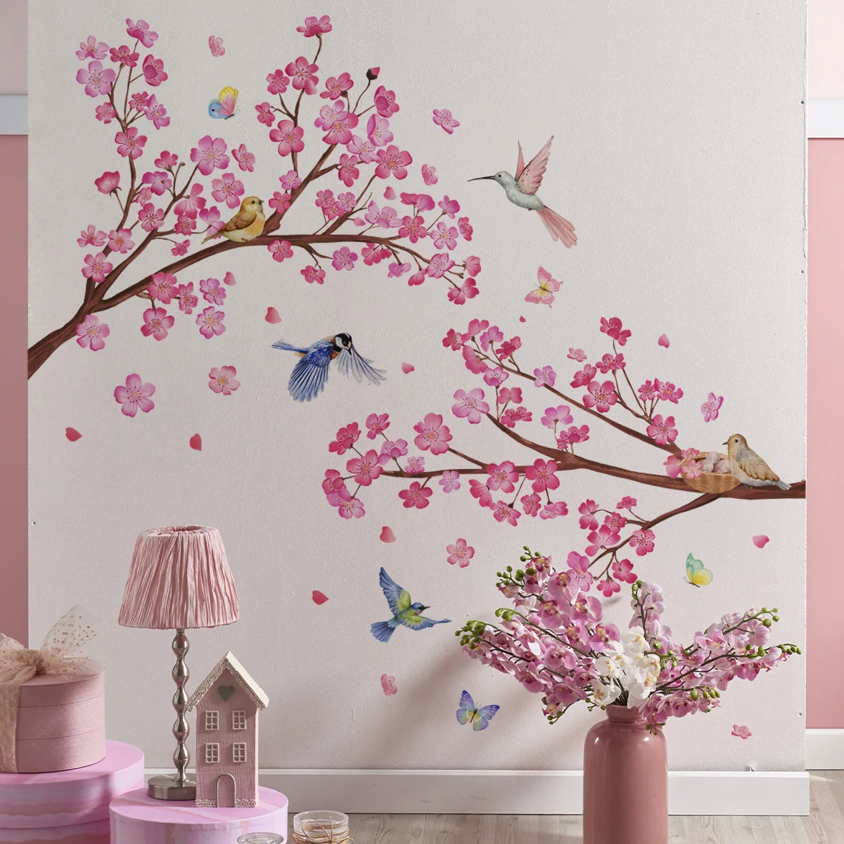 2pcs Floral Bird Butterfly Wall Stickers Bedroom Living Room Room Warm Background Decorative Mural Wall Sticker Wallpaper Ms2375