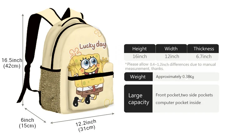 SpongeBob SquarePants Backpack Storage Student Book/pen SchoolBag Supplies Anime Cartoon Office Computer Knapsack Vogue Kid Girl