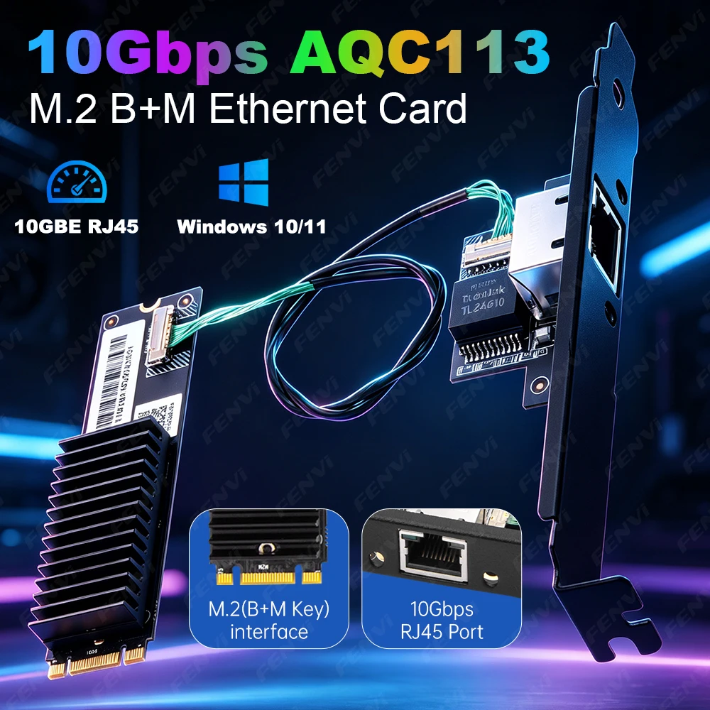 10Gbps M.2 Ethernet Network Card AQC113 B+M Key 10GBase-T RJ45 Adapter for Windows 10/11 Desktop PC Mini PC NAS