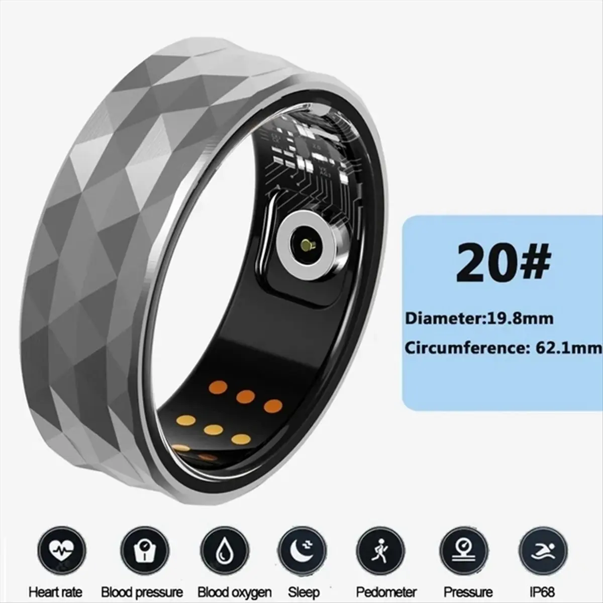 

R12M Smart Ring Men Women Heart Rate and Multi-Sport Mode Fitness Ring IP68 Sleep Monitor Smart Ring 20 19.8mm Silver