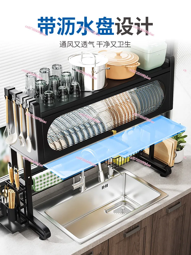 Kitchen Sink Storage Shelf Scullery Sink Cupboard Household Table with Water Collection Tray Chopsticks Plate Dish Drainer