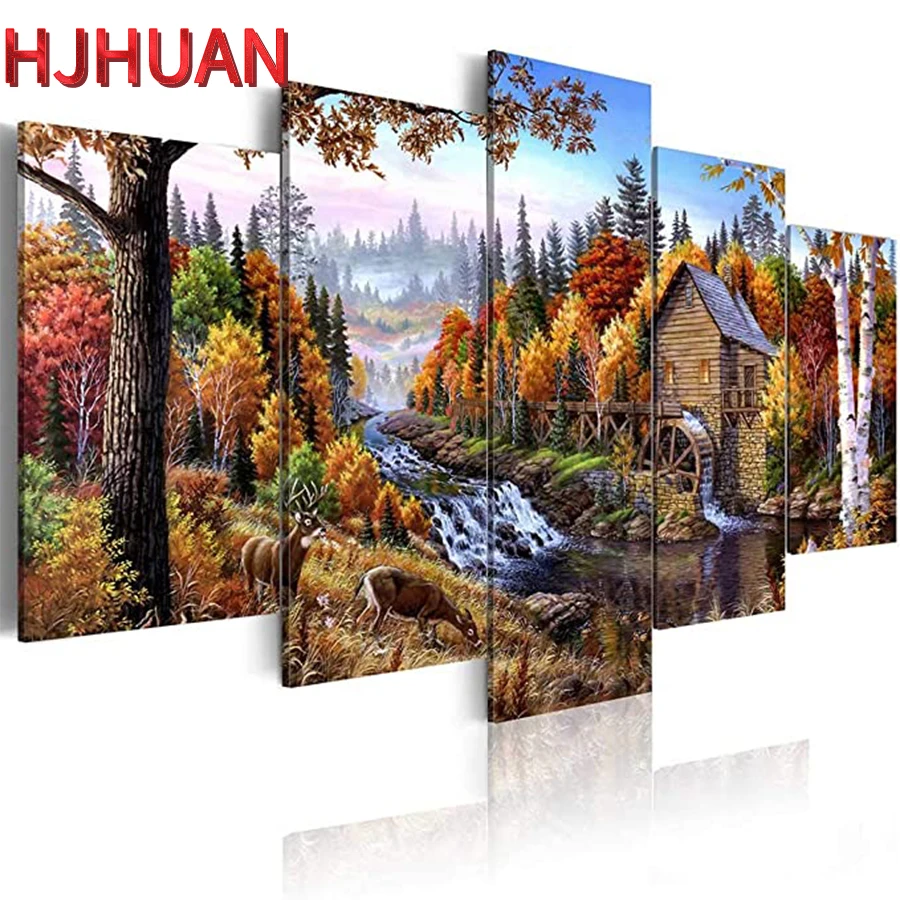 

5pcs diamond painting Forest hut, natural scenery cross stitch full square round diamond Emeroidery mosaic painting home decor