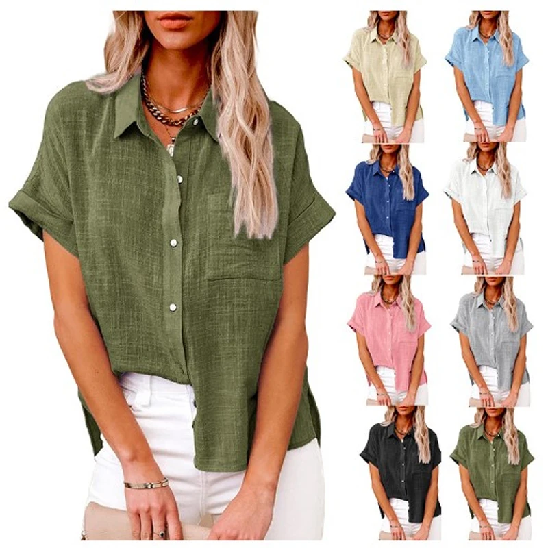 Women Pure Color Linen Shirt Short Sleeve Casual Loose Fit Blouse Fresh Sweet Style Polyester Fabric Available In Multiple Sizes