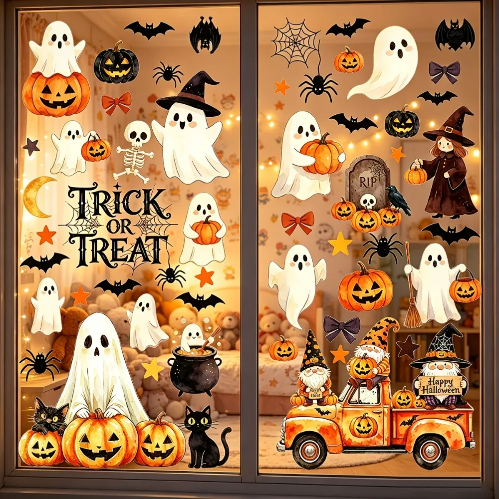 6 Blatt, 56 einzigartige Designs für Halloween, statische Fensterfolien, Aquarell-Motiv, Kürbis, Geist, Hexe, Gnom, LKW, schwarze Katze, Spinne – Detail 3