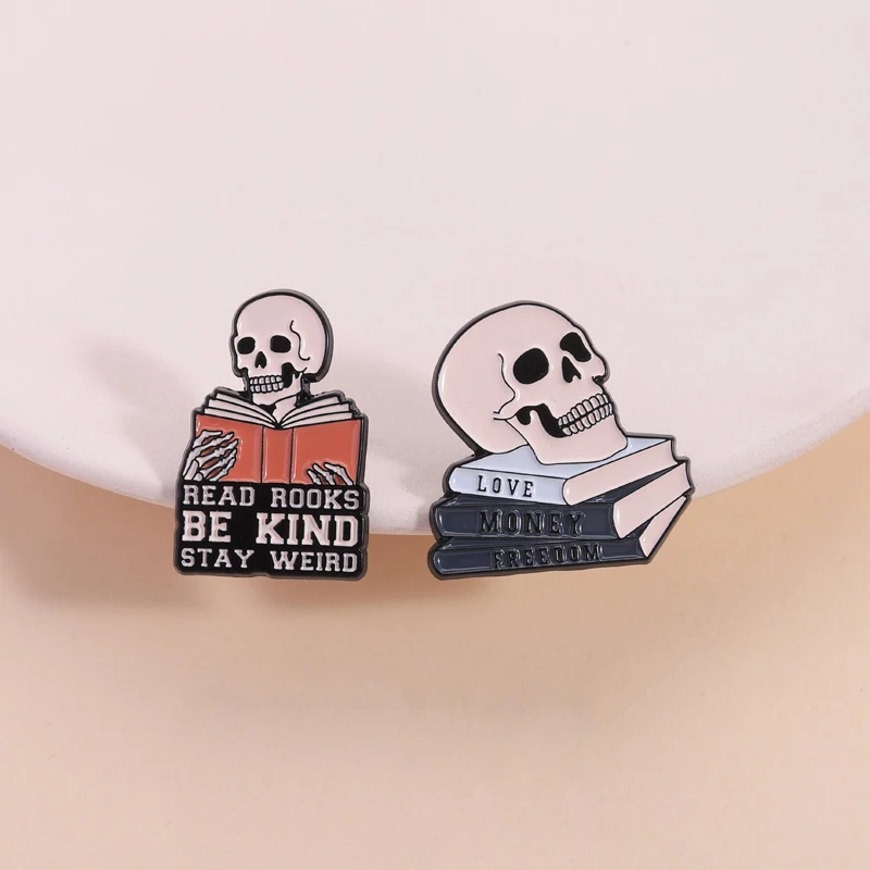 Cute Brooch Dark Kawaii Reading Style Skull with Books Love Money Freedom and Read Books Stay Weird Design for Goth Readers